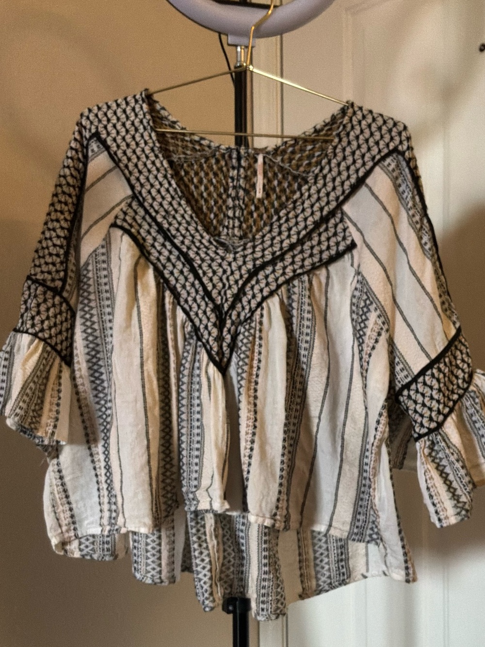 Free People Black & Cream Boho Striped V-Neck Tunic